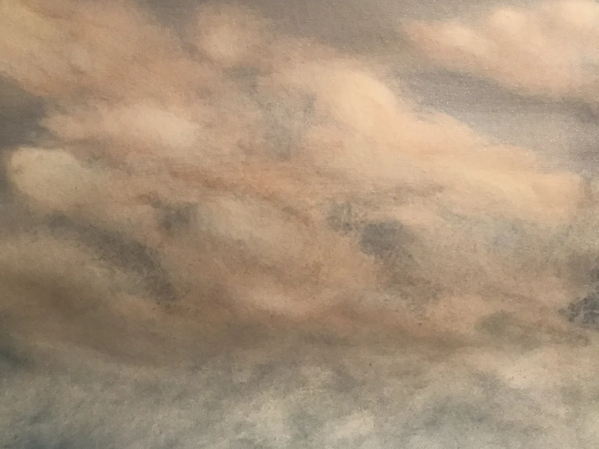 Gemälde: warme, beigegraue Wolken über einem tiefen Horizont